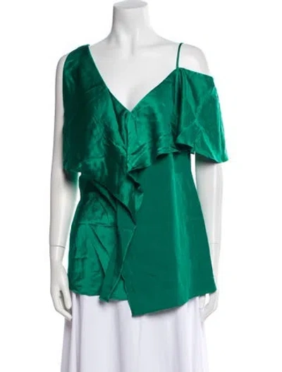 Pre-owned Diane Von Furstenberg V-neck Short Sleeve Blouse In Green