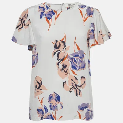 Pre-owned Diane Von Furstenberg White Floral Print Flutter Sleeve Top L