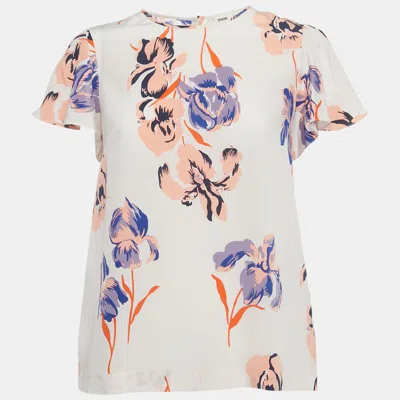 Pre-owned Diane Von Furstenberg White Floral Print Silk Flutter Sleeve Top Xs