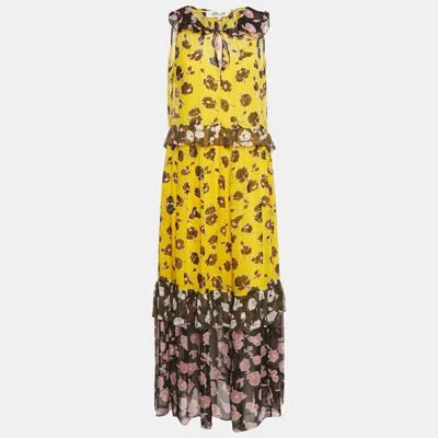 Pre-owned Diane Von Furstenberg Yellow Floral Print Silk Long Dress S