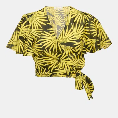 Pre-owned Diane Von Furstenberg Yellow Printed Cotton & Silk Wrap Top S