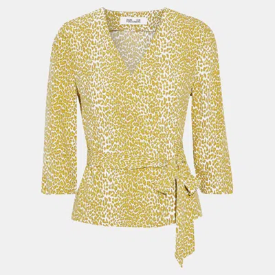 Pre-owned Diane Von Furstenberg Yellow Printed Crepe Wrap Top S