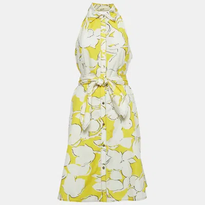 Pre-owned Diane Von Furstenberg Yellow /white Printed Cotton Halter Neck Short Dress M