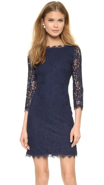 Pre-owned Diane Von Furstenberg Zarita Midnight Navy Stretch Lace Shift Dress 12