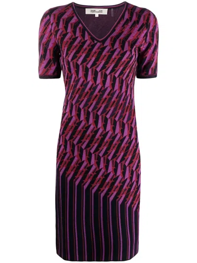 Diane Von Furstenberg Zig-zag Intarsia-knit Dress In Purple