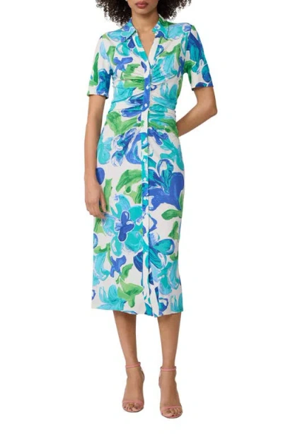 Diane Von Furstenberg Zoey Floral Short Sleeve Ruched Midi Shirtdress In Multi