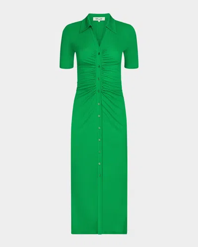 Diane Von Furstenberg Zoey Ruched Bodycon Jersey Midi Shirtdress In Signature Green