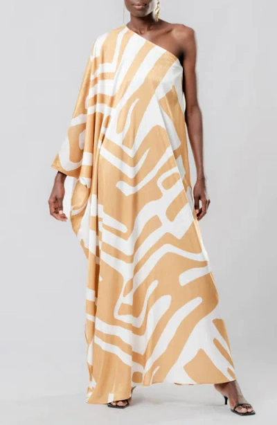 Diarrablu Lava Cream Satu Jacquard One-shoulder Long Sleeve Maxi Dress In Beige