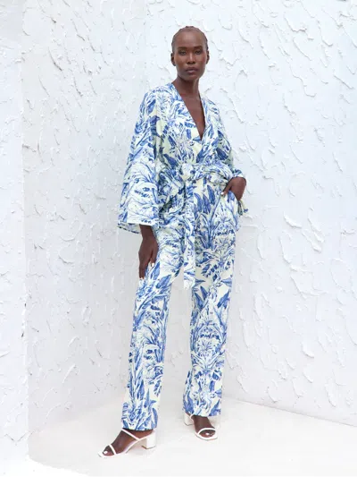 Diarrablu Printed Cotton Poplin Leer Pants In Toile Blu