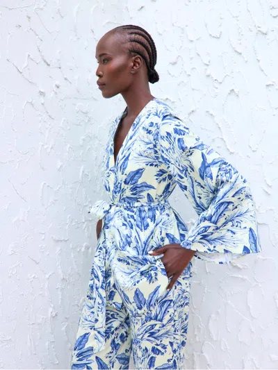Diarrablu Printed Cotton Poplin Mini Kimono In Toile Blu