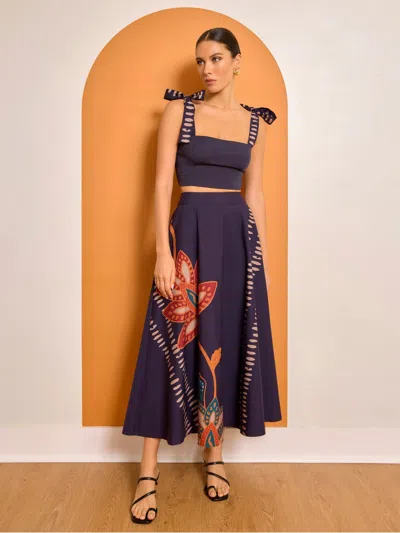 Diarrablu Printed Cotton Poplin Zya Skirt In Razu Navy