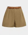 Dice Kayek Belted Pleated Cotton Shorts In Tobacco