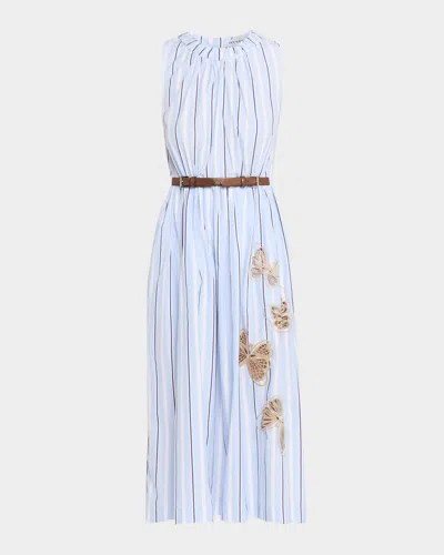 Dice Kayek Butterfly Embroidered Striped Cotton Midi Dress In Blue