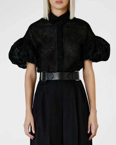 Dice Kayek Eyelet Embroidered Puff-sleeve Collared Shirt In Black