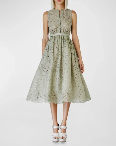 Dice Kayek Eyelet Embroidered Sleeveless Midi Dress In Almond Green