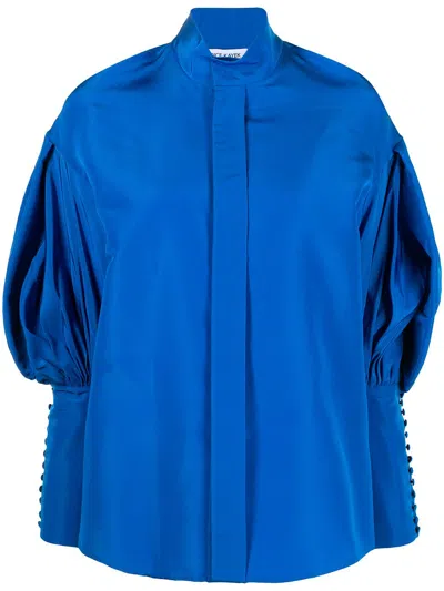Dice Kayek Silk Puffed-sleeve Tuxedo Shirt In Blue