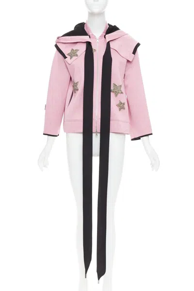 Pre-owned Dice Kayek Pink Neoprene Beaded Star Applique Ribbon Drawstring Hoodie It38 Xs