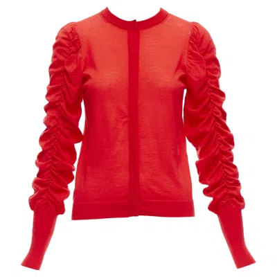 Pre-owned Dice Kayek Red 100% Wool Ruched Sleeves Crew Neck Cardigan Sweater Fr36 S
