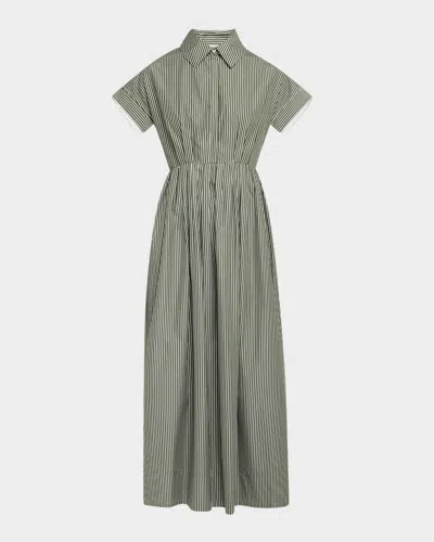 Dice Kayek Striped Short-sleeve Pleated Midi Shirtdress In Khaki Stripe