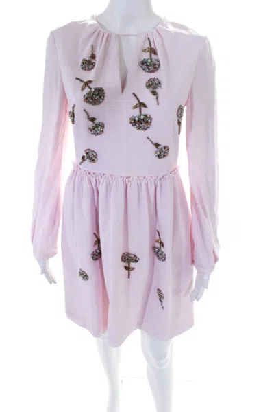 Dice Kayek Women's Long Sleeve With Rhinestone Beaded Flower Dress Pink
