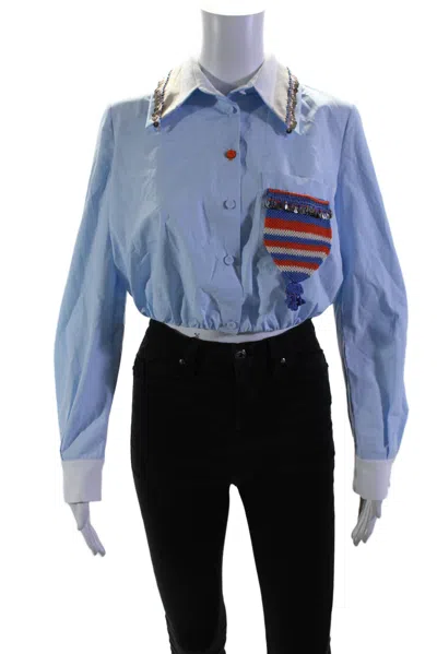 Dice Kayek Womens Cotton Long Sleeve Cropped Button Down Shirt Top Blue