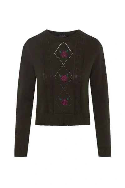 Diciannove Cable Knit Center Front Embroidered Cotton Sweater In Green