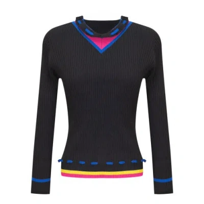 Diciannove Contrast V-neck Ruffle Rib Knit Sweater In Black