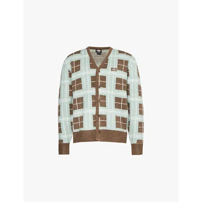 Dickies Mens Mushroom Stevensville Brand-appliqué Check Knitted Cardigan