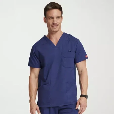 Dickies Mens V Neck Short Sleeve Scrub Top In Blue