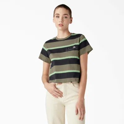 Dickies Women's Large Striped Cropped Pocket T-shirt In Green