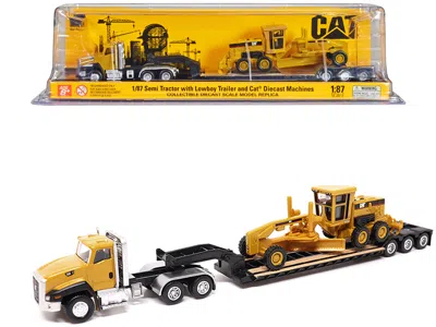 Diecast Masters Cat Caterpillar Ct660 Day Cab Tractor Yellow With Lowboy Trailer And Cat 163h Motor Grader Yellow 1/