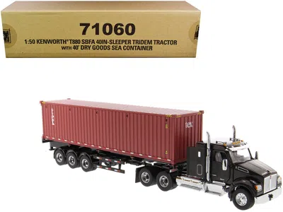 Diecast Masters Kenworth T880 Sbfa 40" Sleeper Cab Tridem Truck Tractor Black Metallic With Flatbed Trailer And 40'