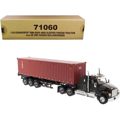 Diecast Masters Kenworth T880 Sbfa 40 Sleeper Cab Tridem Truck Tractor Black Metallic With Flatbed Trailer & 40 Ft.