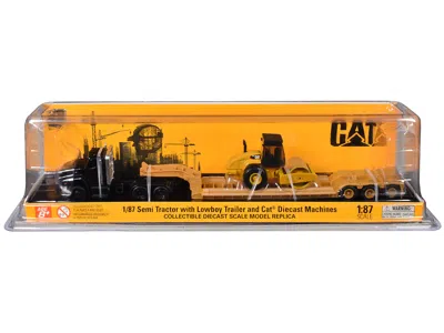 Diecast Masters Kenworth T880 Tractor Black With Lowboy Trailer And Cat Roller Yellow 1/87 (ho) Diecast Model By Die