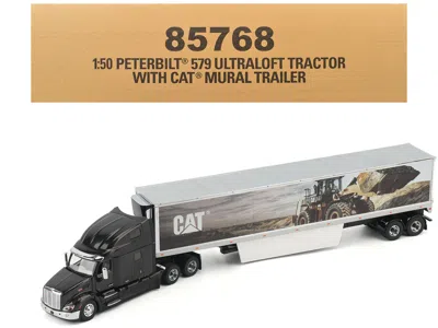 Diecast Masters Peterbilt 579 Ultraloft Truck Tractor Black Metallic With "cat Caterpillar" Mural Trailer "transport