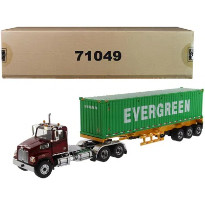 Diecast Masters Western Star 4700 Sb Tandem Truck Tractor Metallic Red With Skeleton Trailer & 40 Ft. Dry Goods Sea