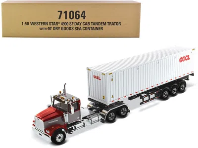 Diecast Masters Western Star 4900 Sf Tandem Day Cab Truck Tractor Red And Gray With 40' Dry Goods Sea Container "ooc