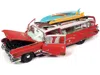 Diecast Model Autoworld 1959 Cadillac Eldorado Ambulance Red With White Top "malibu Beach Rescue" (weathered) With Surfboard