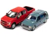 Diecast Model Autoworld 2018 Ford F-150 Pickup Truck Red And 1984 Dodge Caravan Minivan Blue Metallic "world's Best Mom And