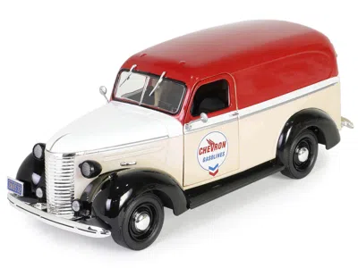 Diecast Model Greenlight 1939 Chevrolet Panel Truck "chevron Gasolines" Red And Beige With White Hood And Stripes "running On In Pattern