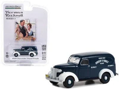 Diecast Model Greenlight 1939 Chevrolet Panel Truck Dark Blue With White Fenders "grocery & Market Delivery" "norman Rockwell In Pink