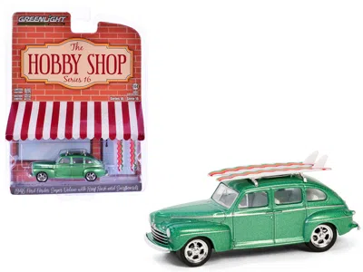 Diecast Model Greenlight 1946 Ford Fordor Super Deluxe Green Metallic With White Interior And Roof Rack With Surfboards "the In Pink