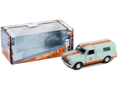 Diecast Model Greenlight 1968 Chevrolet C-10 Pickup Truck Light Blue With Orange Stripes With Camper Shell "gulf Oil" "runnin