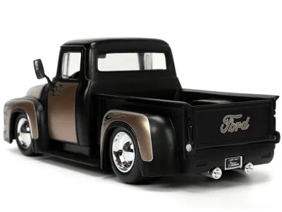 Diecast Model Jada 1956 Ford F-100 Pickup Truck Matt Black And Champagne With Flames With Extra Wheels "just Trucks" Se