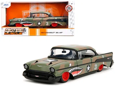 Diecast Model Jada 1957 Chevrolet Bel Air #3 Camouflage With Shark Mouth Graphics "bigtime Muscle" Series 1/24 Diecast In Green