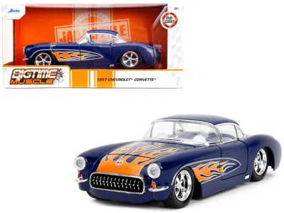 Diecast Model Jada 1957 Chevrolet Corvette Dark Blue With Flame Graphics And White Interior "bigtime Muscle" Series 1/2 In Multi