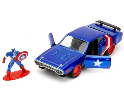 Diecast Model Jada 1972 Plymouth Gtx Candy Blue With Red And White Stripes And Captain America Diecast Figure "the Aven In Pink