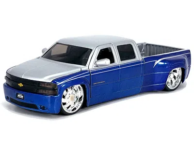 Diecast Model Jada 1999 Chevrolet Silverado Dually Pickup Truck Blue Metallic And Silver With Custom Kmc Wheels "just T