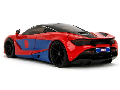 Diecast Model Jada Mclaren 720s Red And Blue With Black Top And Graphics And Spider-man Diecast Figure "marvel Spider-m