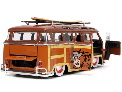 Diecast Model Jada Volkswagen T1 Bus Brown With Graphics "sheriff Woody" And Woody Diecast Figure And Surfboard "toy St